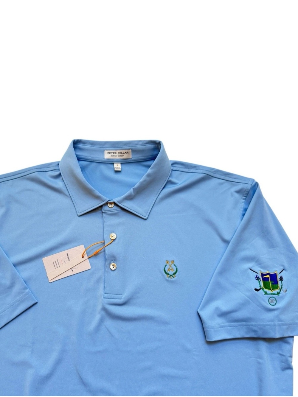 Peter Millar Summer Comfort Sky Blue Golf Polo with Crest Embroidery Sz Large